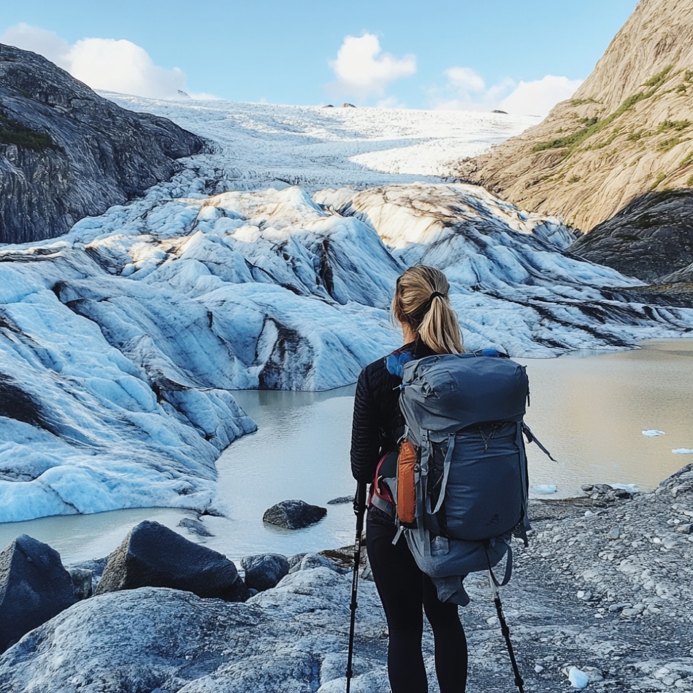 A person stands by a glacial landscape with a backpack, overlooking icy formations and a serene lake under a clear blue sky.