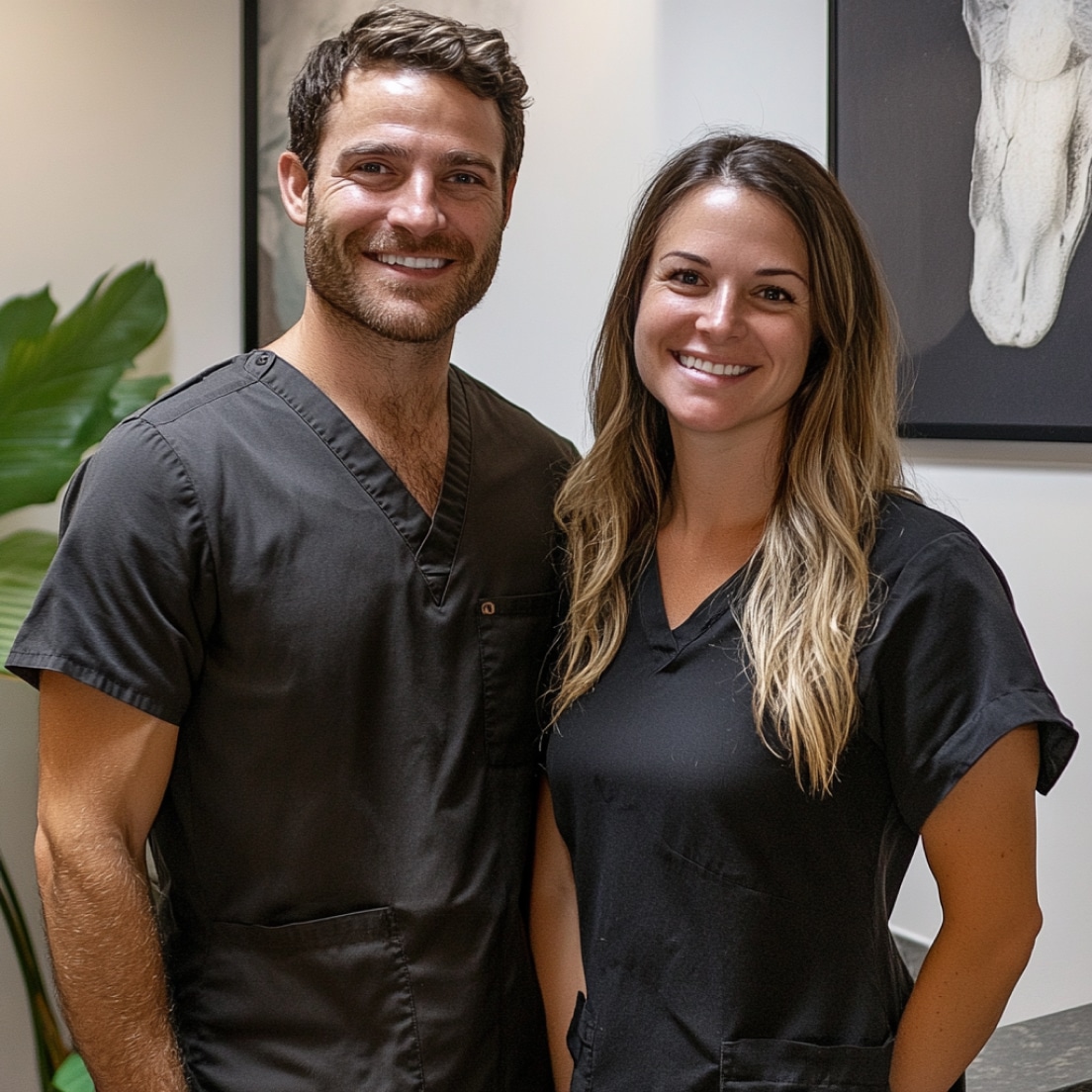 Two smiling people in black scrubs stand indoors near artwork and a plant.
